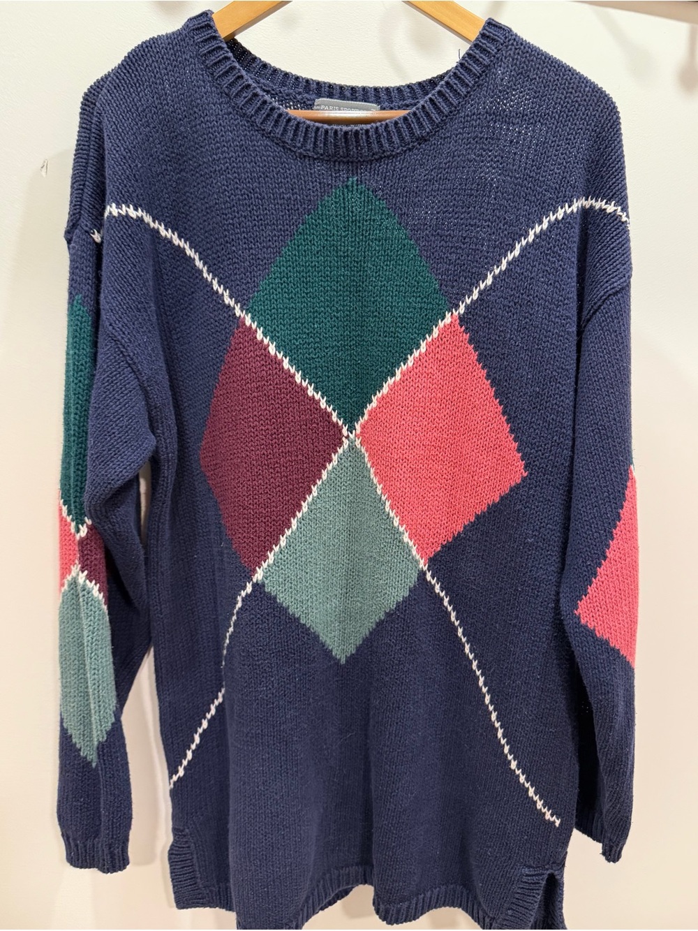 Vintage 80s 90s Paris Sport Club World Wide Geometric Argyle Knit Sweater Medium
